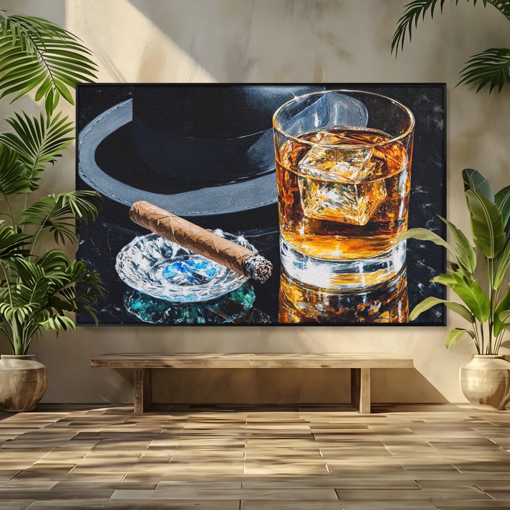 Tablou canvas cu pictura cu pahar de whisky, trabuc si palarie, in rama de aluminiu negru