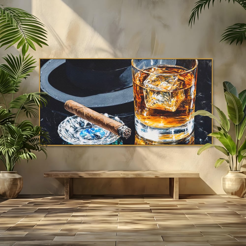 Tablou canvas cu pictura cu pahar de whisky, trabuc si palarie, in rama de aluminiu auriu