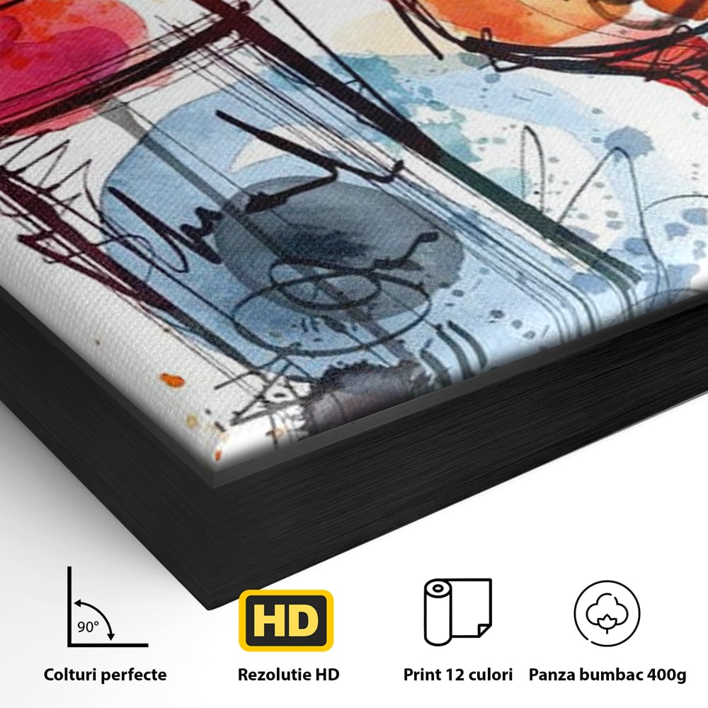 Detaliu al suprafetei: tablou canvas cu sticla si pahar de vin, in rama de aluminiu negru