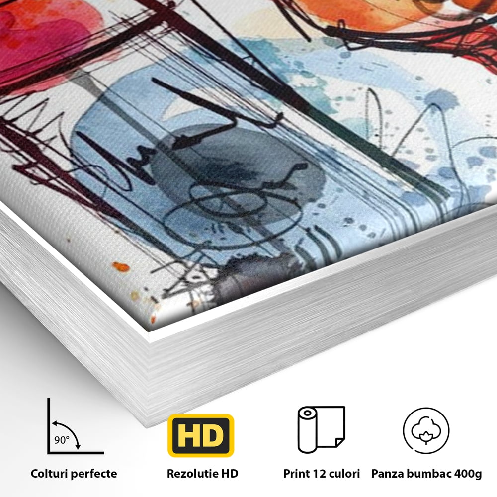 Detaliu al suprafetei: tablou canvas cu sticla si pahar de vin, in rama de aluminiu argintiu