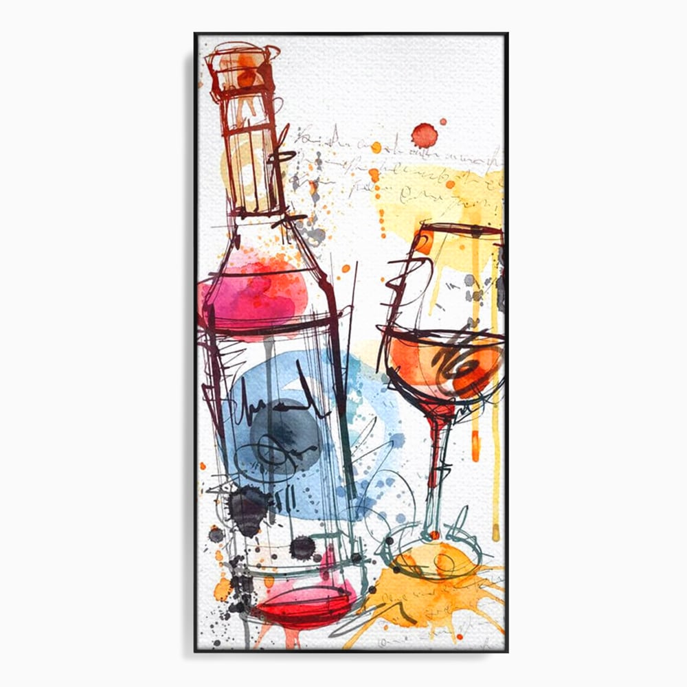 Tablou canvas cu tablou canvas cu sticla si pahar de vin, in rama de aluminiu negru