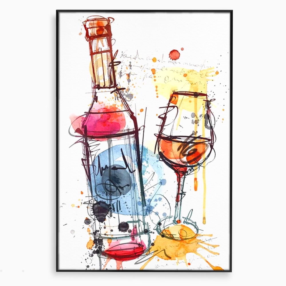 Tablou canvas cu tablou canvas cu sticla si pahar de vin, in rama de aluminiu negru