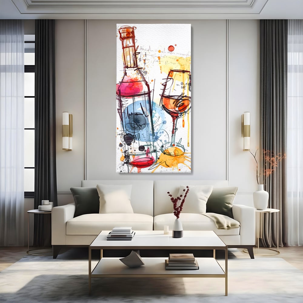 Tablou canvas cu tablou canvas cu sticla si pahar de vin, fara rama, pe sasiu de lemn, pe perete intr-un living