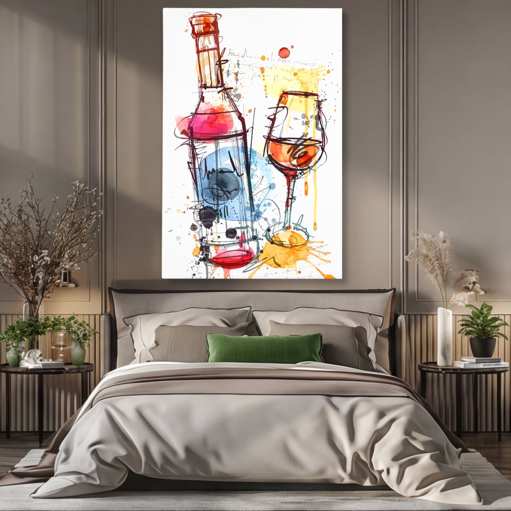 Tablou canvas cu tablou canvas cu sticla si pahar de vin, fara rama, pe sasiu de lemn, pe perete intr-un dormitor