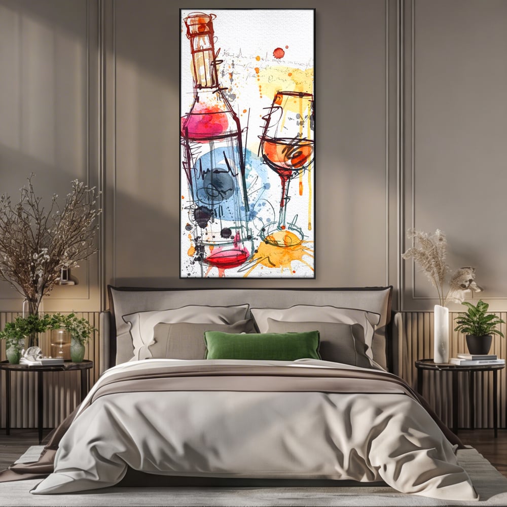 Tablou canvas cu tablou canvas cu sticla si pahar de vin, in rama de aluminiu negru, pe perete intr-un dormitor