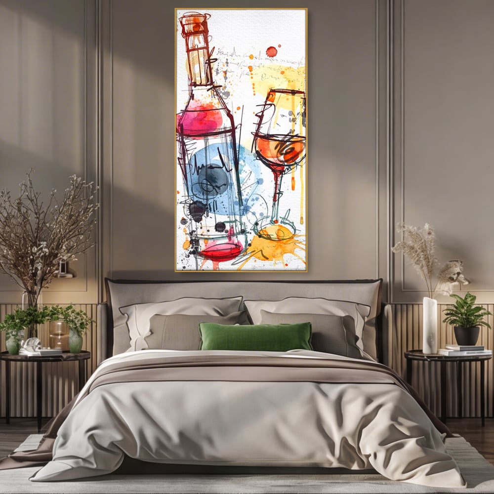 Tablou canvas cu tablou canvas cu sticla si pahar de vin, in rama de aluminiu auriu, pe perete intr-un dormitor
