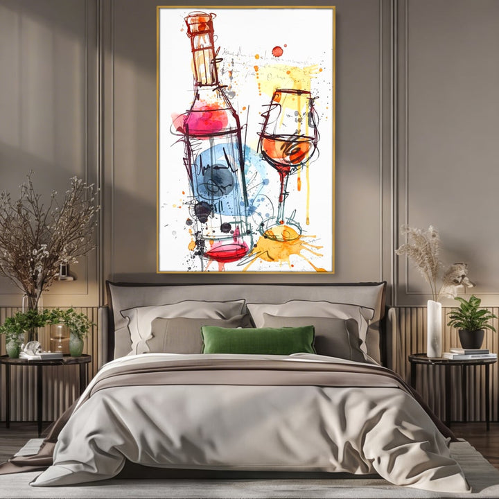 Tablou canvas cu tablou canvas cu sticla si pahar de vin, in rama de aluminiu auriu, pe perete intr-un dormitor
