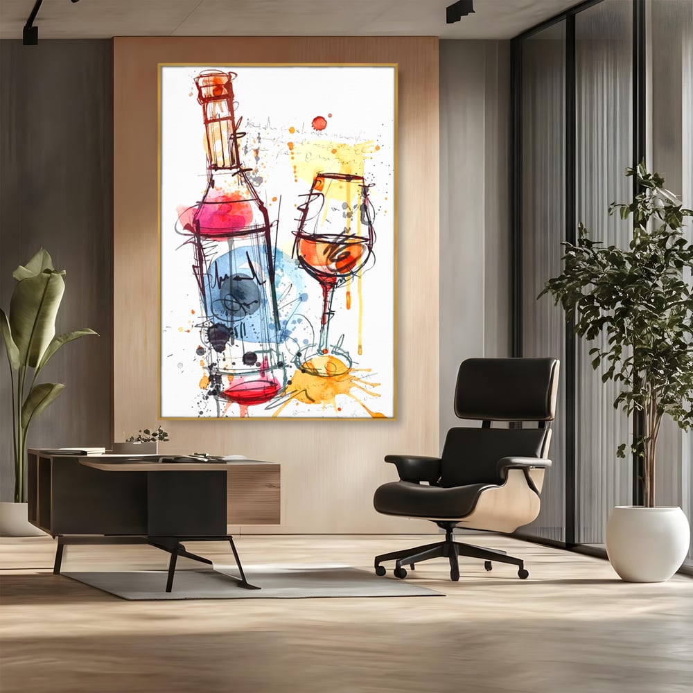 Tablou canvas cu tablou canvas cu sticla si pahar de vin, in rama de aluminiu auriu, pe perete intr-un birou