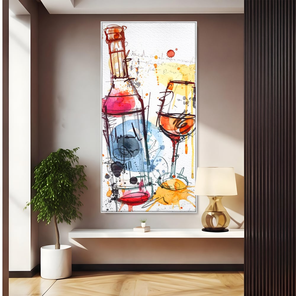 Tablou canvas cu tablou canvas cu sticla si pahar de vin, in rama de aluminiu argintiu