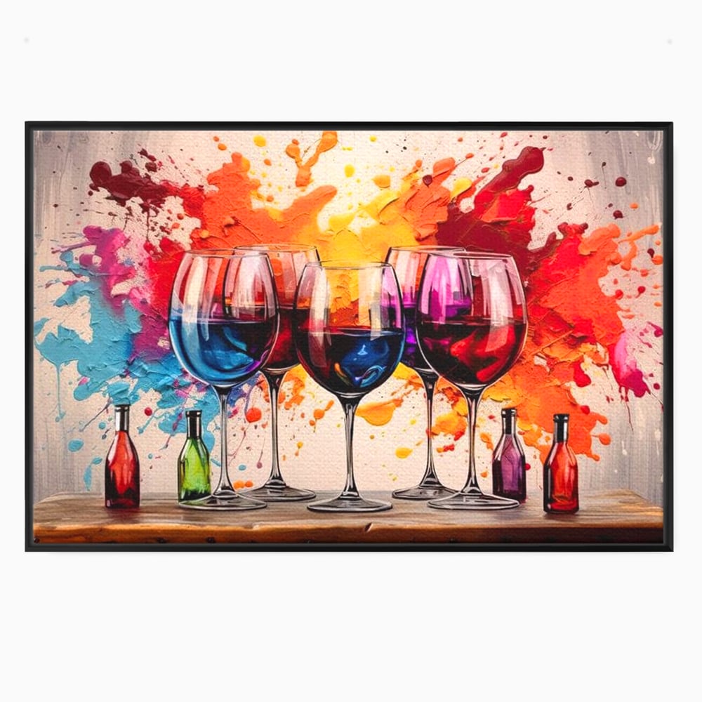 Tablou canvas cu pictura cu pahare de vin si pete, in rama de aluminiu negru