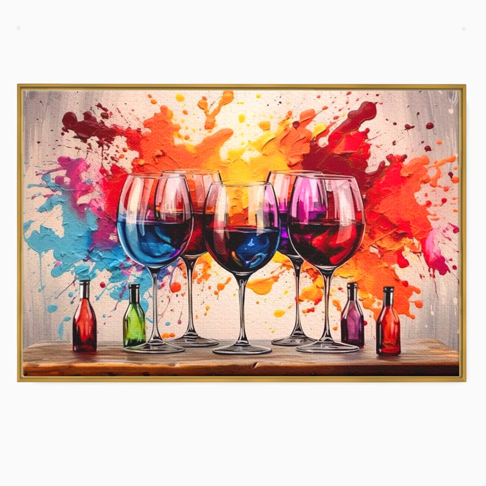 Tablou canvas cu pictura cu pahare de vin si pete, in rama de aluminiu auriu