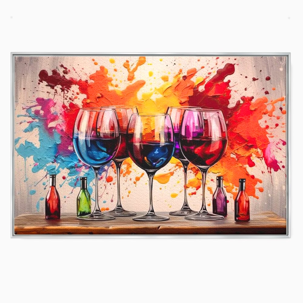 Tablou canvas cu pictura cu pahare de vin si pete, in rama de aluminiu argintiu
