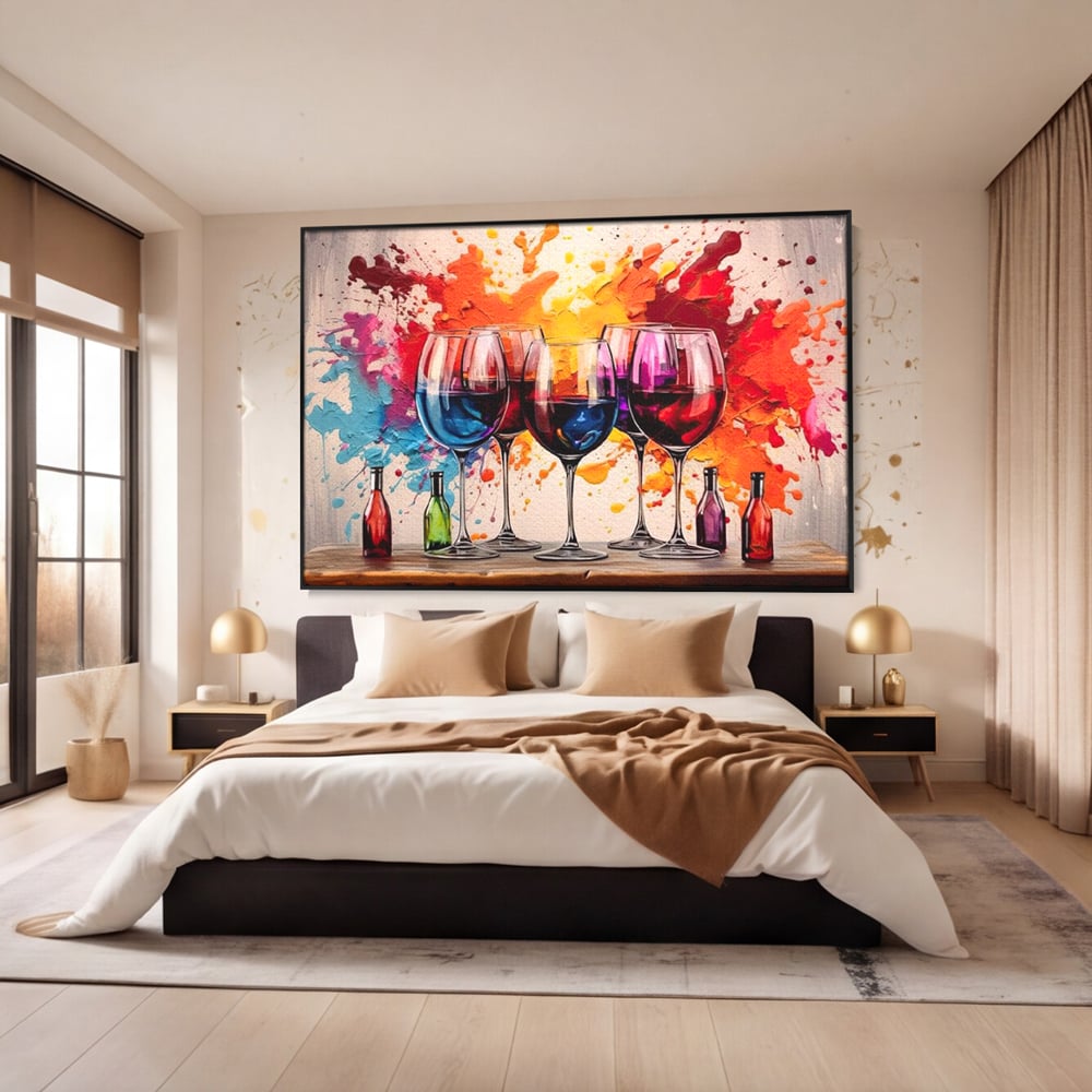Tablou canvas cu pictura cu pahare de vin si pete, in rama de aluminiu negru, pe perete intr-un dormitor