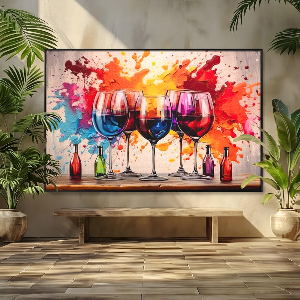 Tablou canvas cu pictura cu pahare de vin si pete, in rama de aluminiu negru