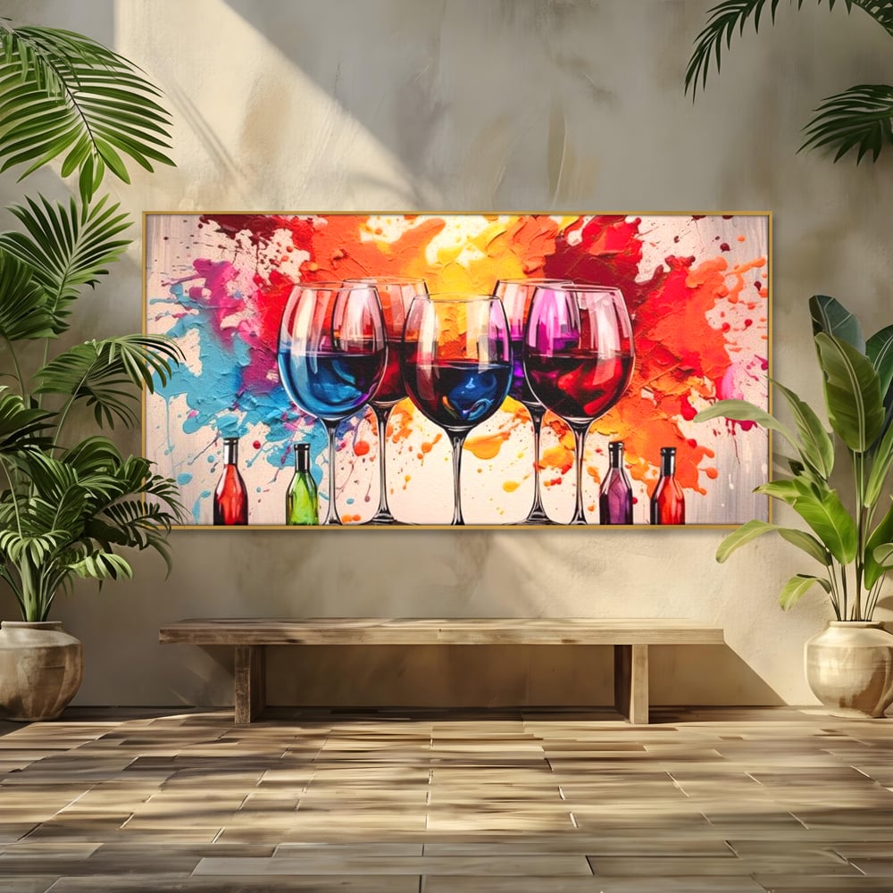 Tablou canvas cu pictura cu pahare de vin si pete, in rama de aluminiu auriu