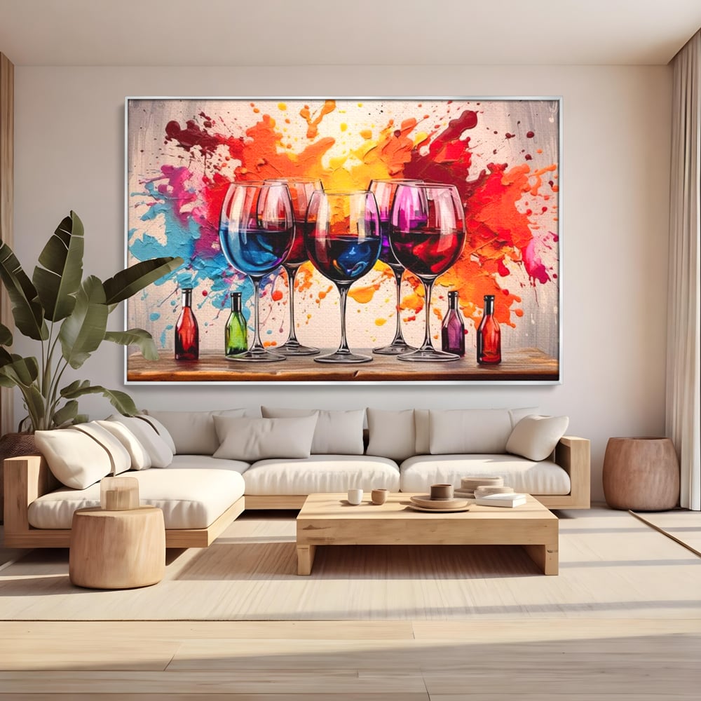 Tablou canvas cu pictura cu pahare de vin si pete, in rama de aluminiu argintiu, pe perete intr-un living