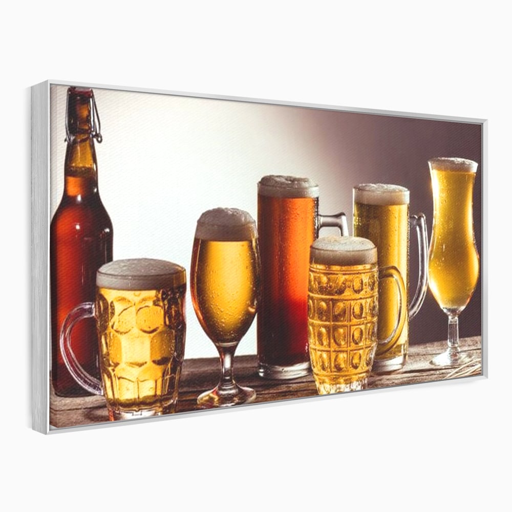 Tablou canvas cu colectie de halbe si pahare cu bere, in rama de aluminiu argintiu