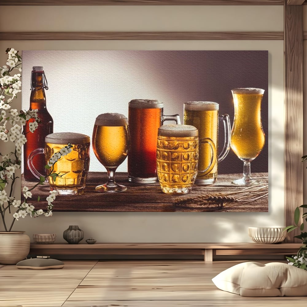 Tablou canvas cu colectie de halbe si pahare cu bere, fara rama, pe sasiu de lemn