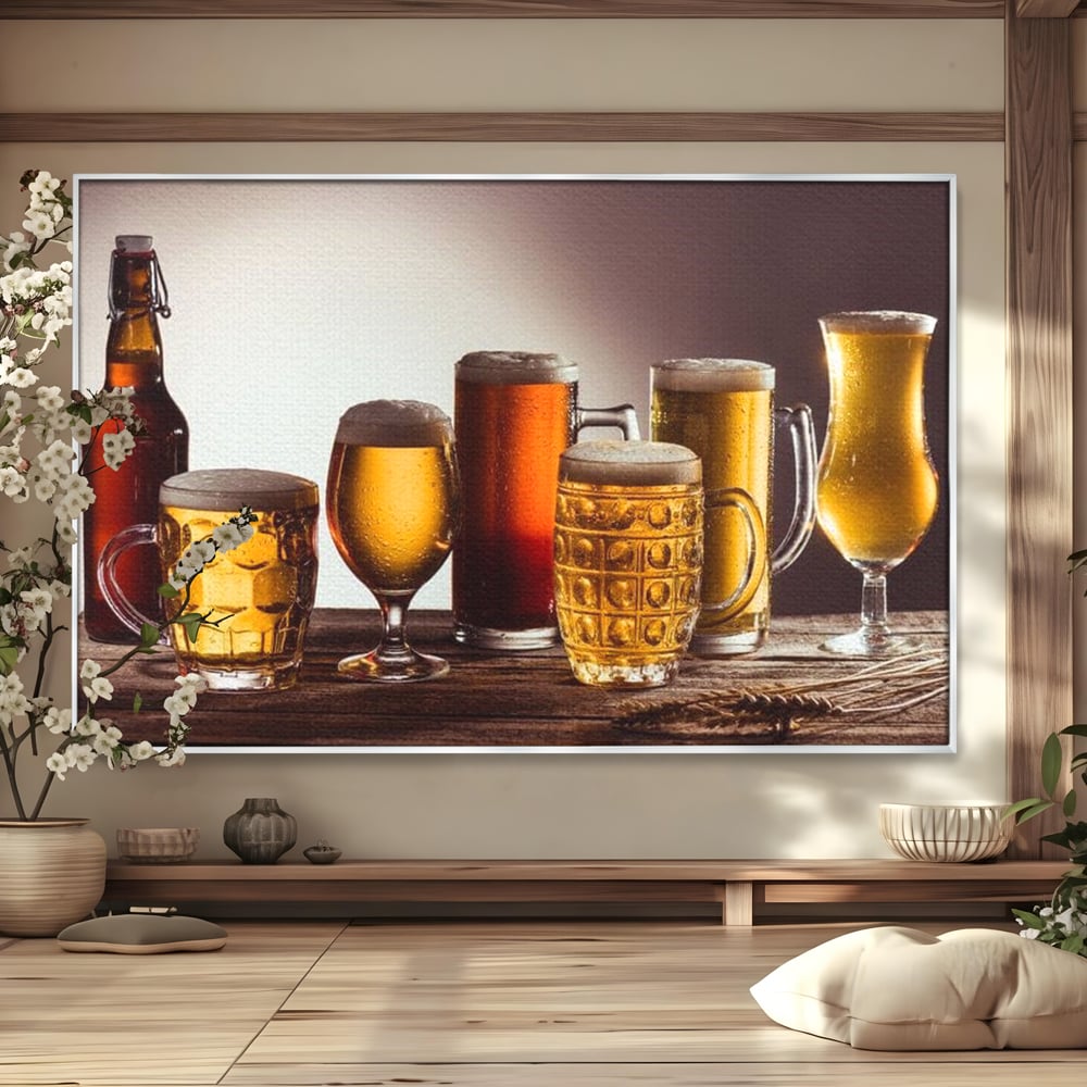 Tablou canvas cu colectie de halbe si pahare cu bere, in rama de aluminiu argintiu