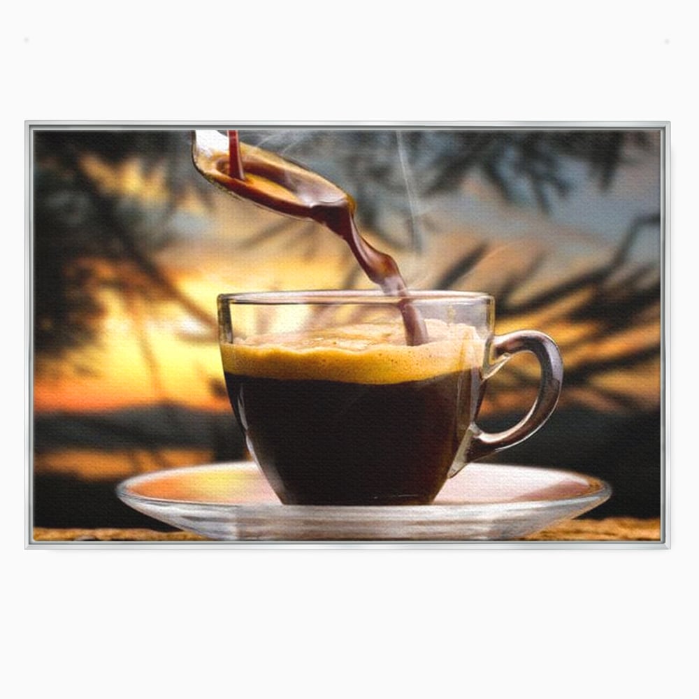 Tablou canvas cu tablou canvas cu ceasca de espresso, in rama de aluminiu argintiu