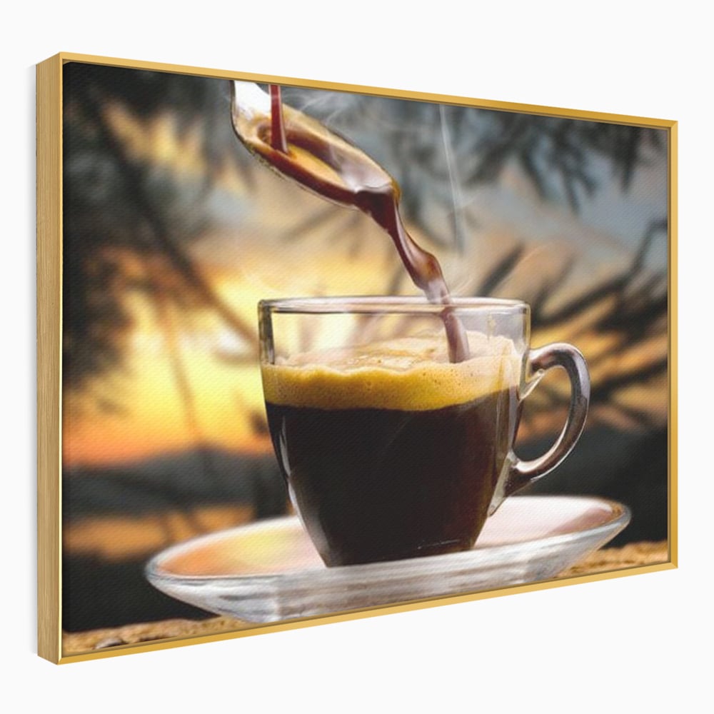 Tablou canvas cu tablou canvas cu ceasca de espresso, in rama de aluminiu auriu