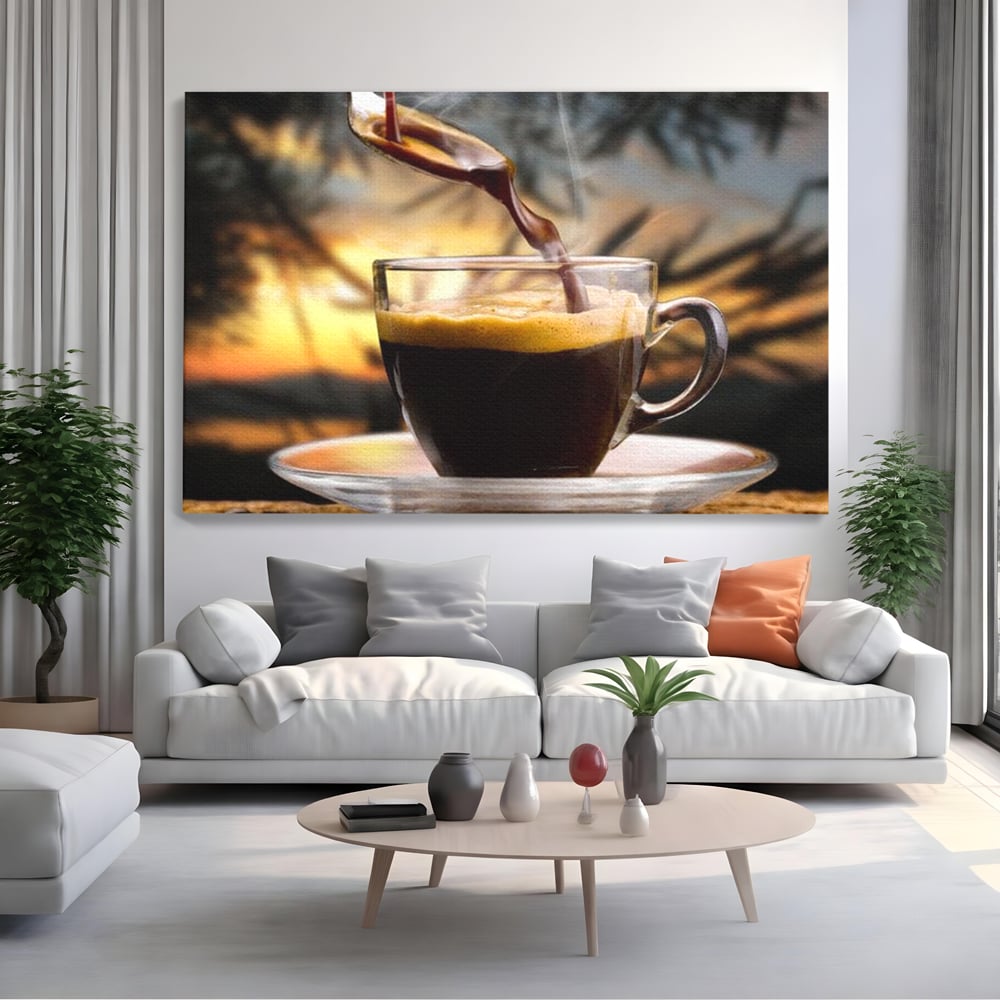 Tablou canvas cu tablou canvas cu ceasca de espresso, fara rama, pe sasiu de lemn, pe perete intr-un living