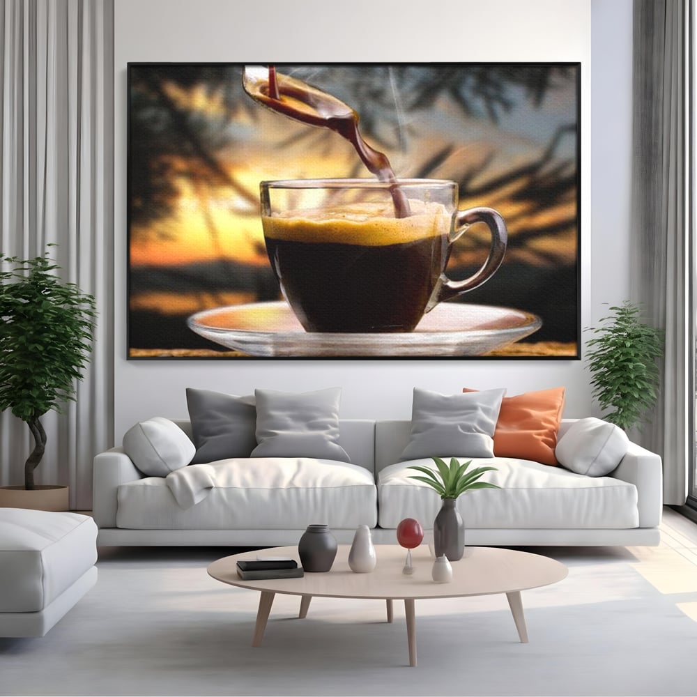 Tablou canvas cu tablou canvas cu ceasca de espresso, in rama de aluminiu negru, pe perete intr-un living