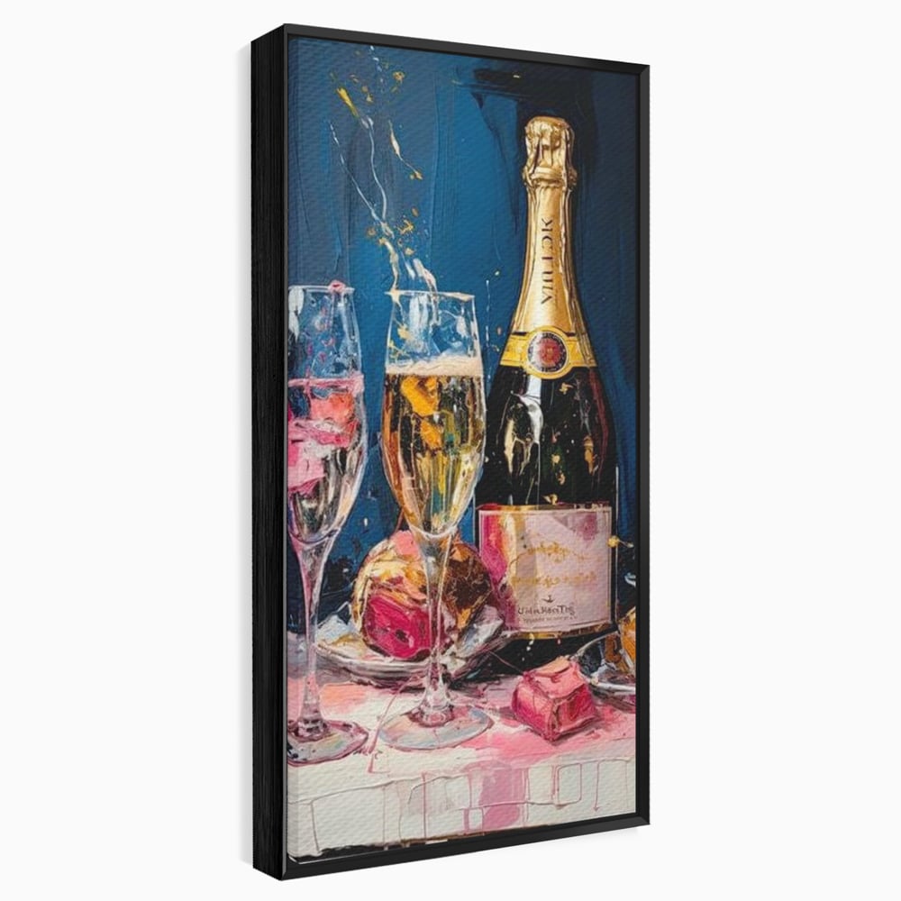 Tablou canvas cu tablou canvas cu sticla de sampanie si pahare, in rama de aluminiu negru