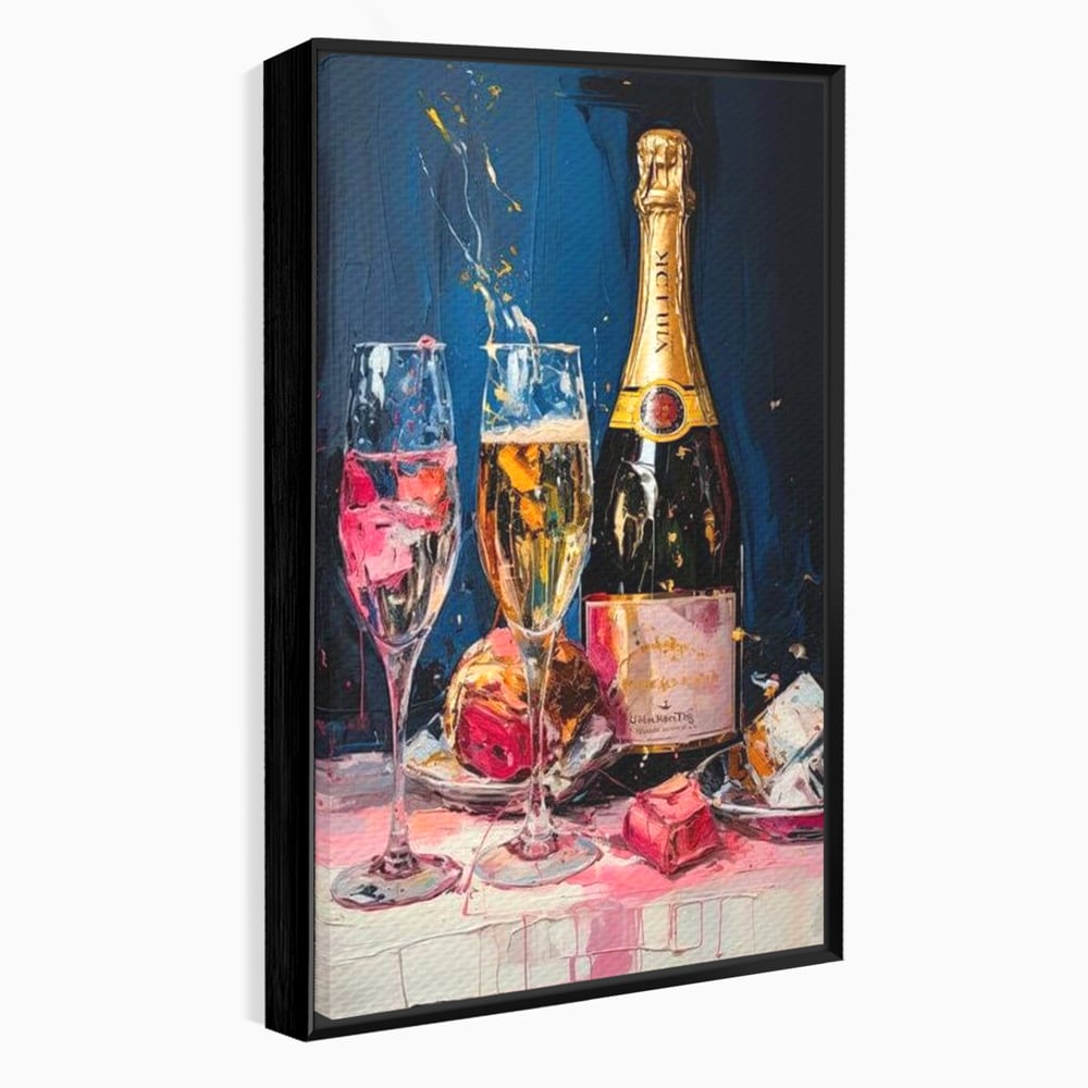 Tablou canvas cu tablou canvas cu sticla de sampanie si pahare, in rama de aluminiu negru