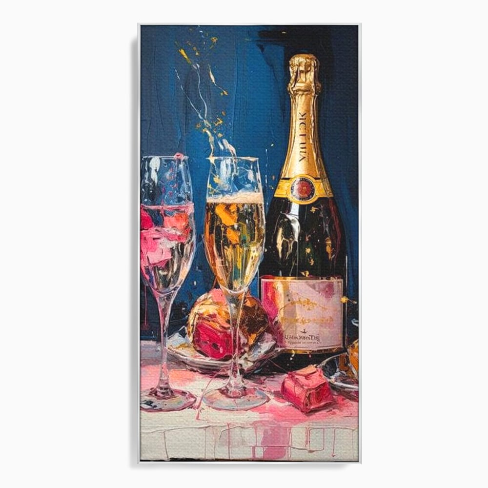 Tablou canvas cu tablou canvas cu sticla de sampanie si pahare, in rama de aluminiu argintiu