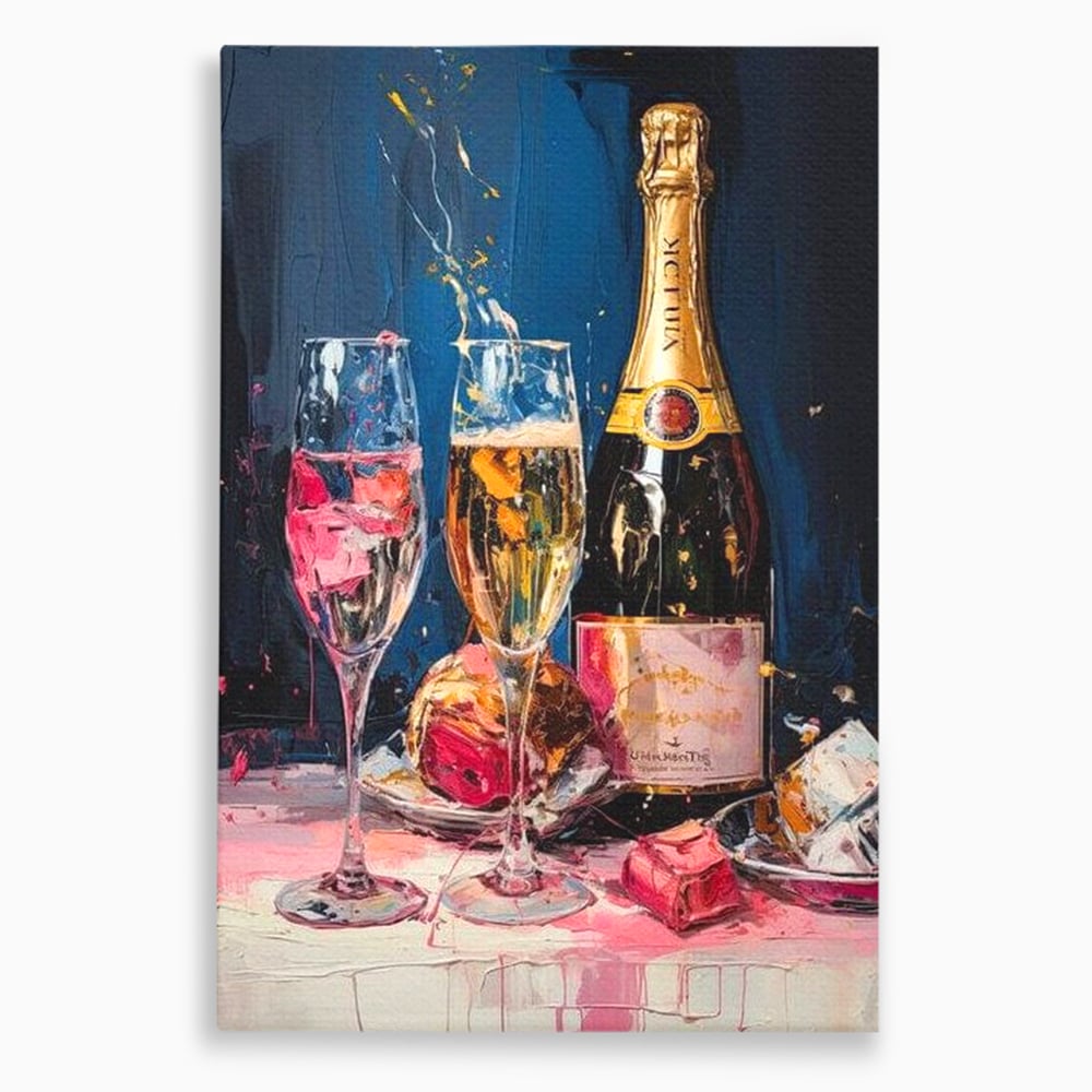 Tablou canvas cu tablou canvas cu sticla de sampanie si pahare, fara rama, pe sasiu de lemn