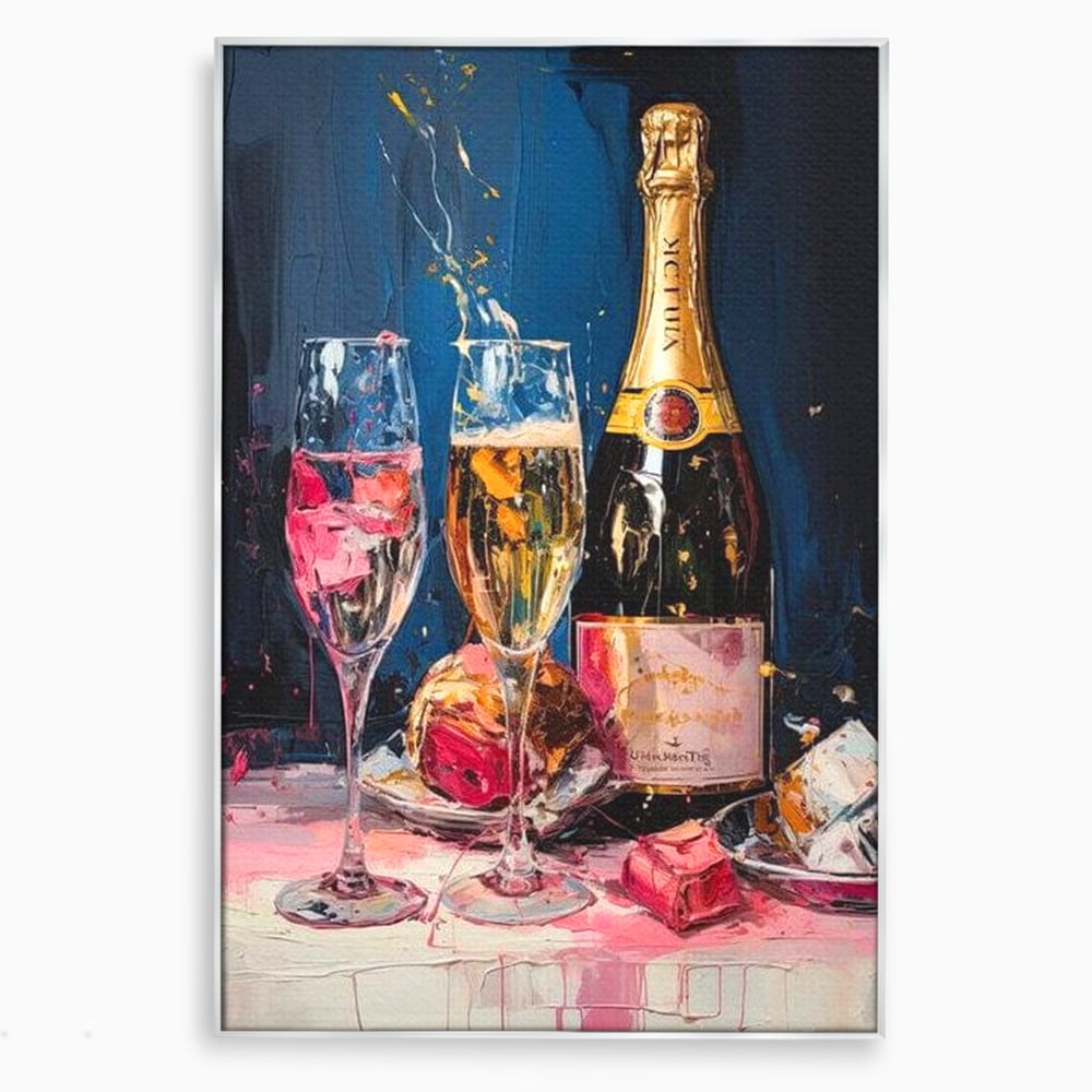 Tablou canvas cu tablou canvas cu sticla de sampanie si pahare, in rama de aluminiu argintiu