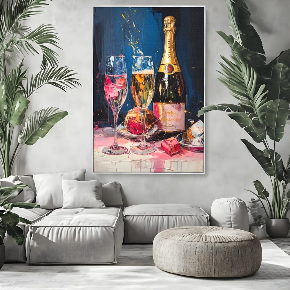 Tablou canvas cu tablou canvas cu sticla de sampanie si pahare, in rama de aluminiu argintiu, pe perete intr-un living