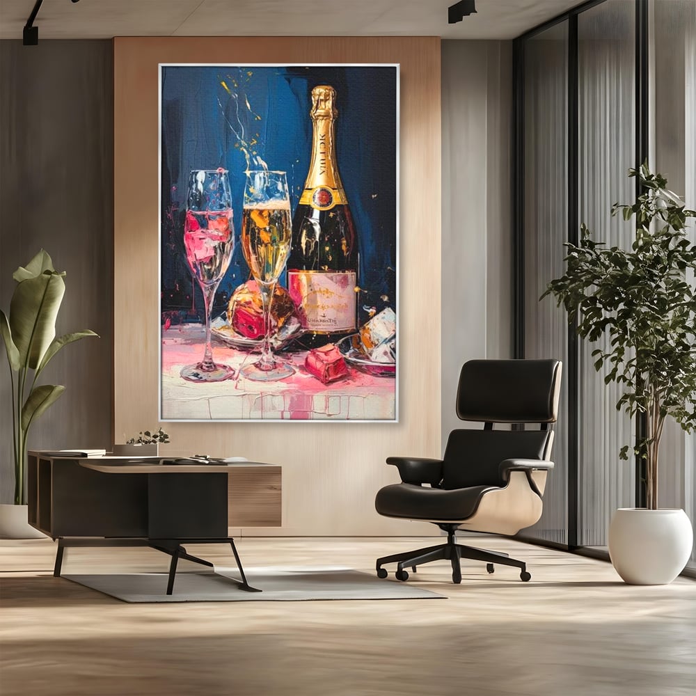 Tablou canvas cu tablou canvas cu sticla de sampanie si pahare, in rama de aluminiu argintiu, pe perete intr-un birou