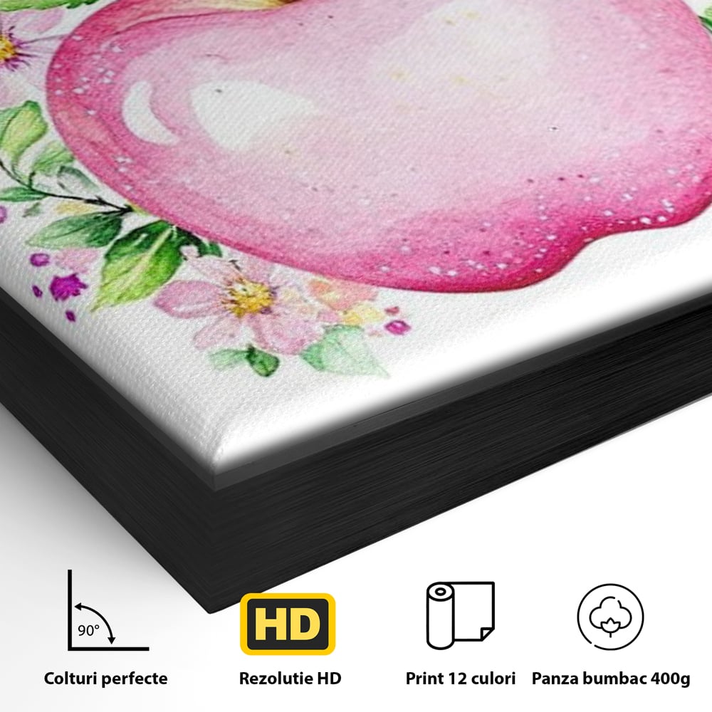 Detaliu al suprafetei: tablou canvas cu mar roz si flori, in rama de aluminiu negru