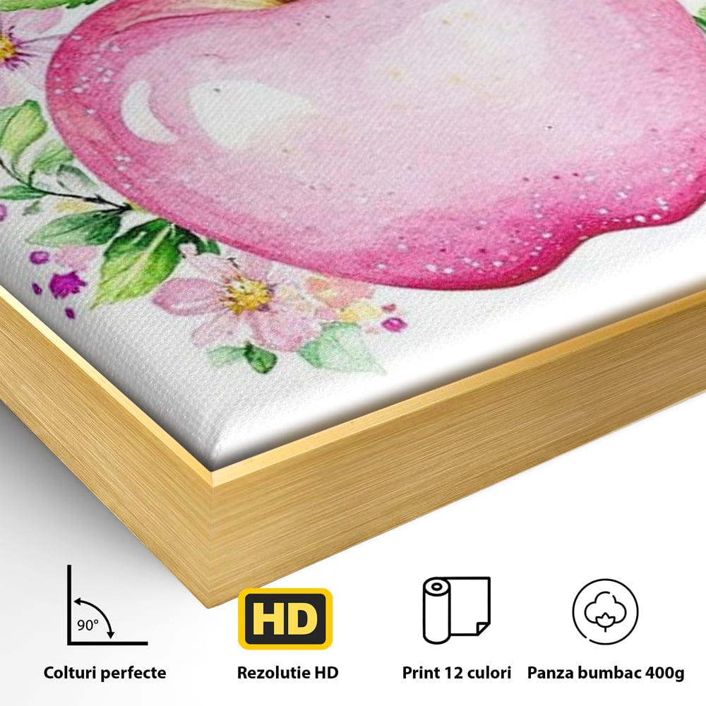 Detaliu al suprafetei: tablou canvas cu mar roz si flori, in rama de aluminiu auriu