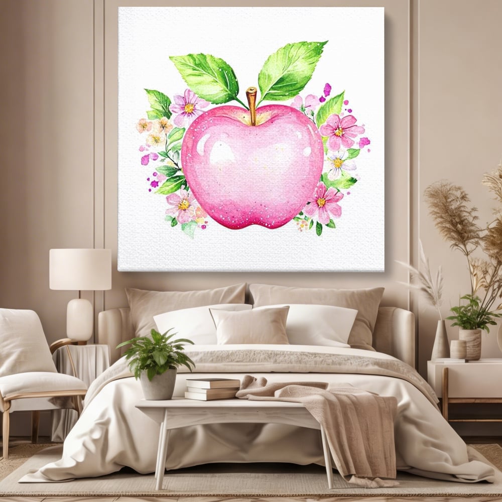 Tablou canvas cu tablou canvas cu mar roz si flori, fara rama, pe sasiu de lemn, pe perete intr-un dormitor