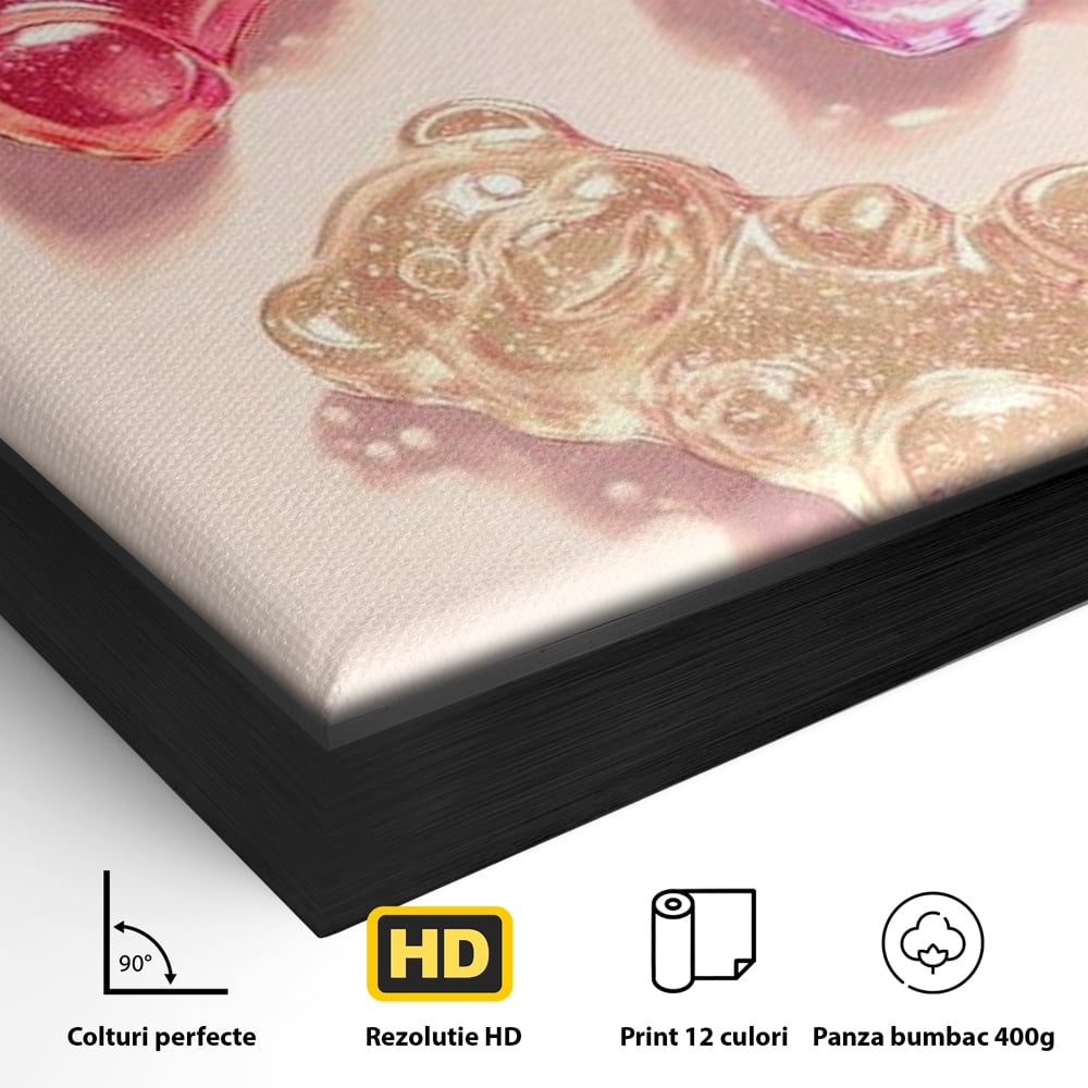 Detaliu al suprafetei: tablou canvas cu trei ursuleti gelee, in rama de aluminiu negru