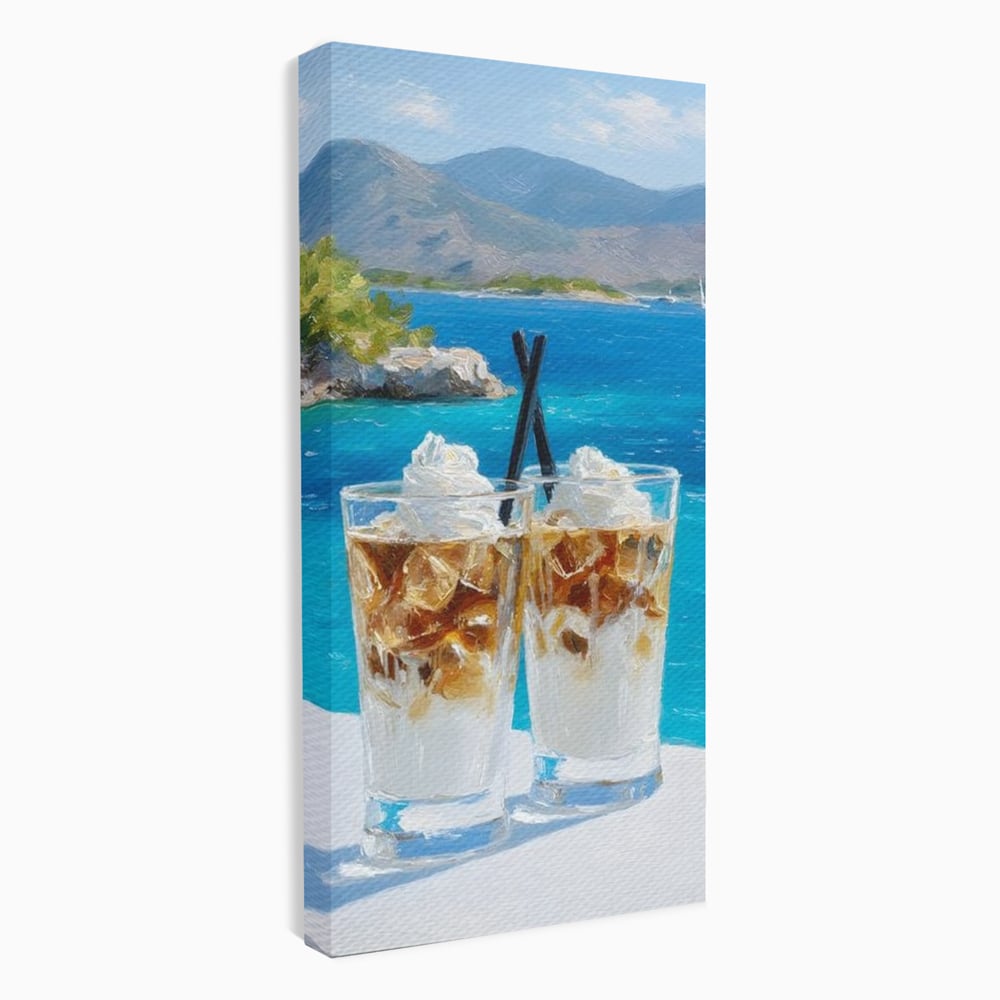 Tablou canvas cu pictura cu doua pahare de frappe pe malul marii, fara rama, pe sasiu de lemn