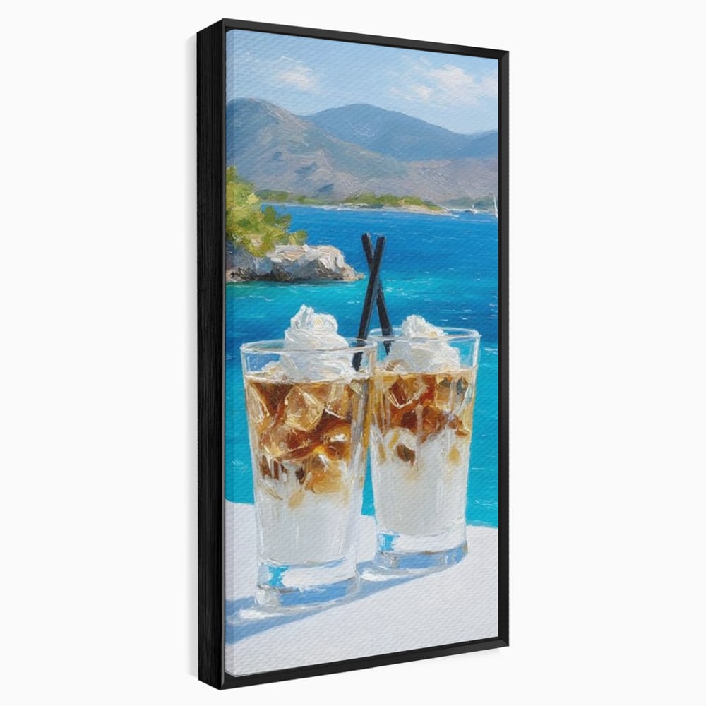 Tablou canvas cu pictura cu doua pahare de frappe pe malul marii, in rama de aluminiu negru