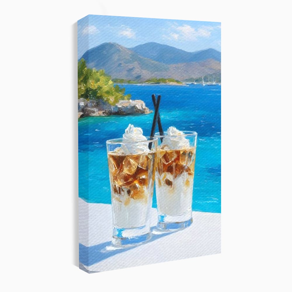 Tablou canvas cu pictura cu doua pahare de frappe pe malul marii, fara rama, pe sasiu de lemn