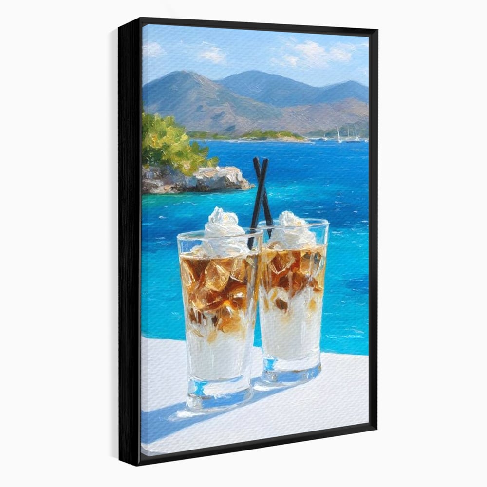 Tablou canvas cu pictura cu doua pahare de frappe pe malul marii, in rama de aluminiu negru