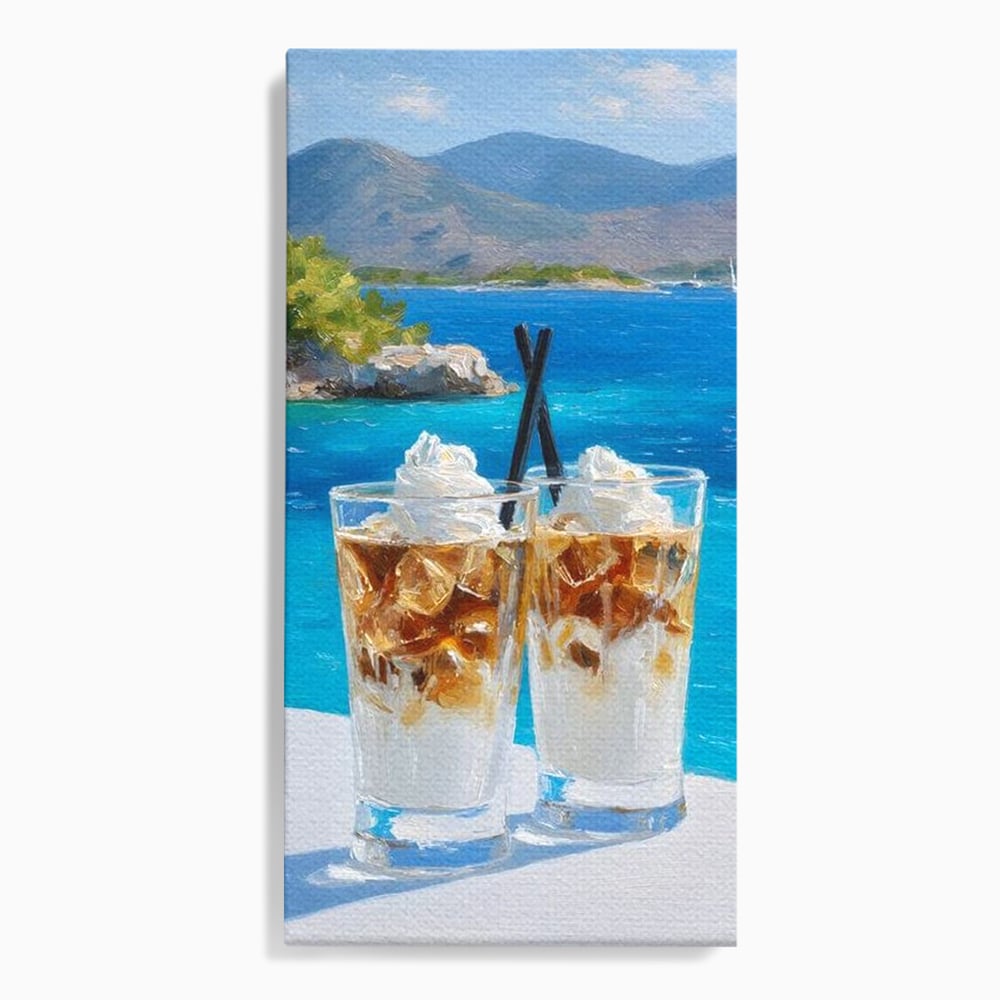 Tablou canvas cu pictura cu doua pahare de frappe pe malul marii, fara rama, pe sasiu de lemn