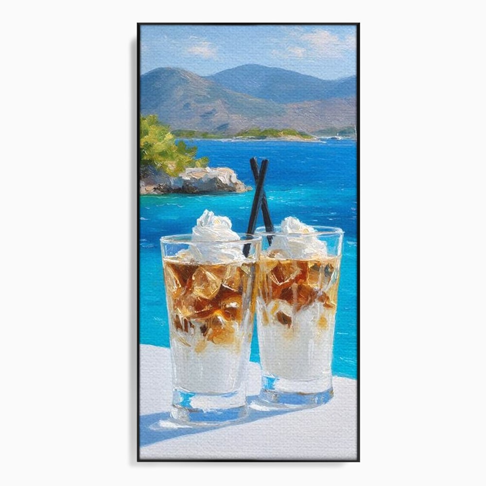 Tablou canvas cu pictura cu doua pahare de frappe pe malul marii, in rama de aluminiu negru