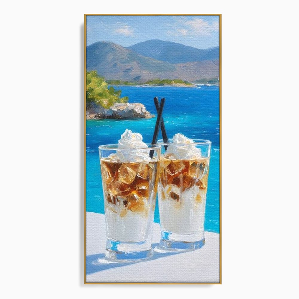 Tablou canvas cu pictura cu doua pahare de frappe pe malul marii, in rama de aluminiu auriu