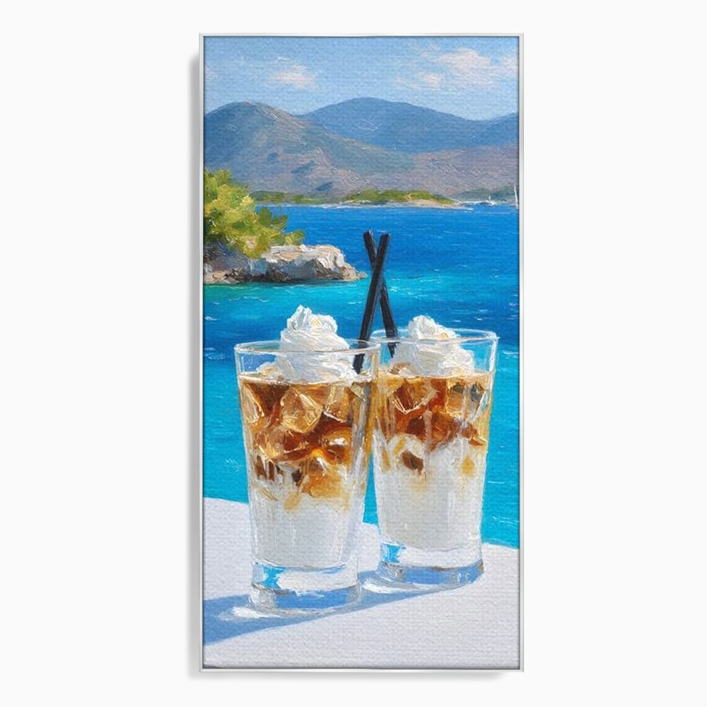 Tablou canvas cu pictura cu doua pahare de frappe pe malul marii, in rama de aluminiu argintiu