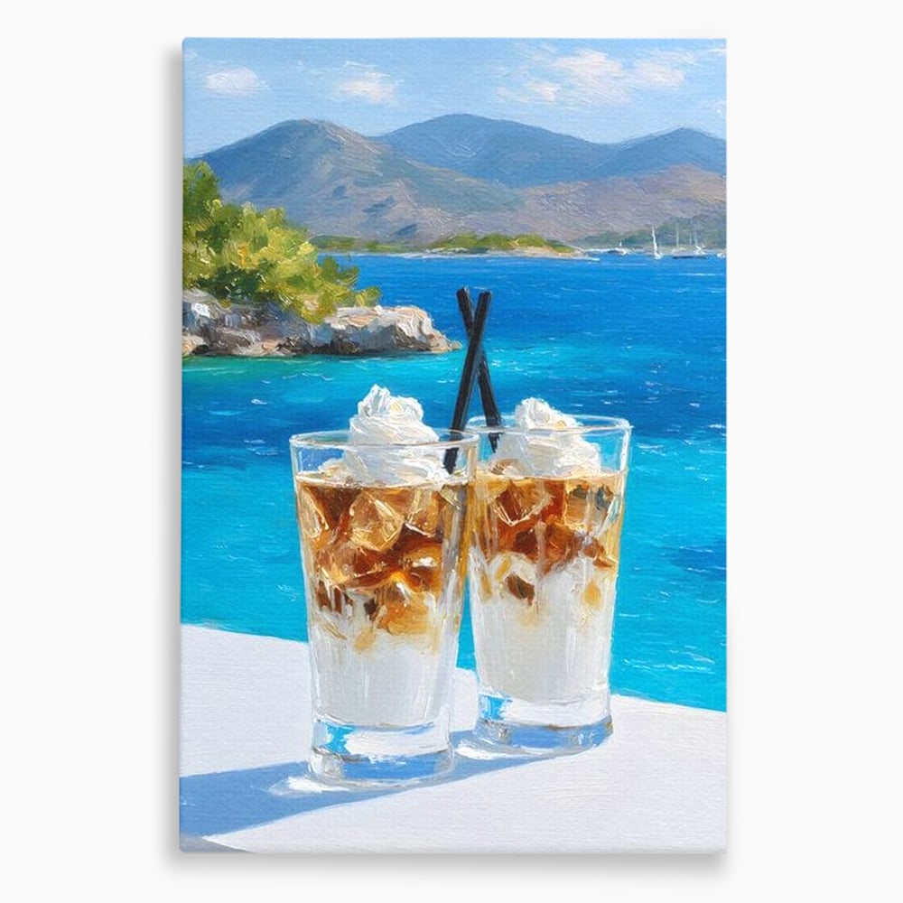 Tablou canvas cu pictura cu doua pahare de frappe pe malul marii, fara rama, pe sasiu de lemn