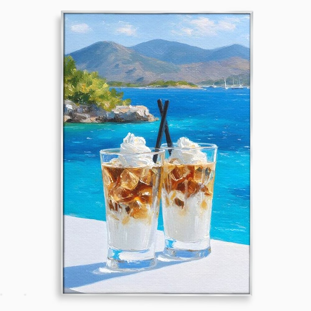 Tablou canvas cu pictura cu doua pahare de frappe pe malul marii, in rama de aluminiu argintiu