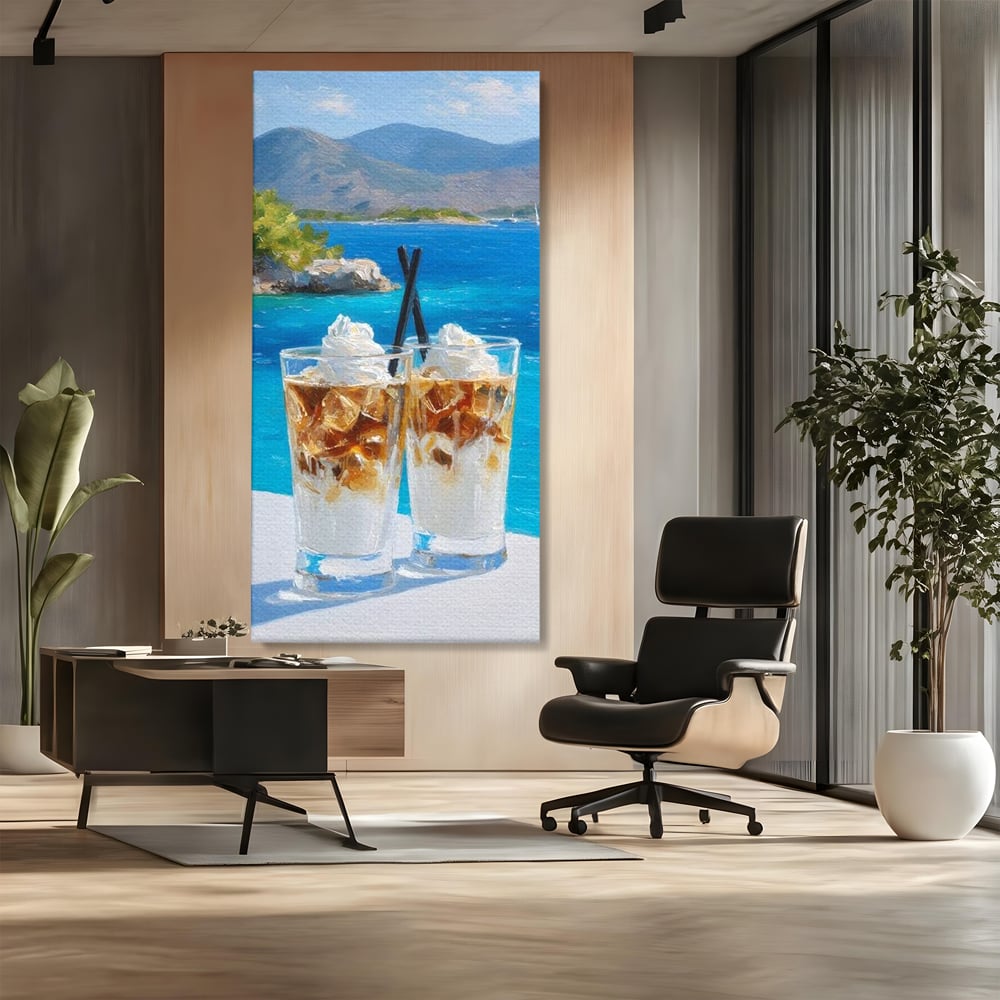 Tablou canvas cu pictura cu doua pahare de frappe pe malul marii, fara rama, pe sasiu de lemn, pe perete intr-un birou