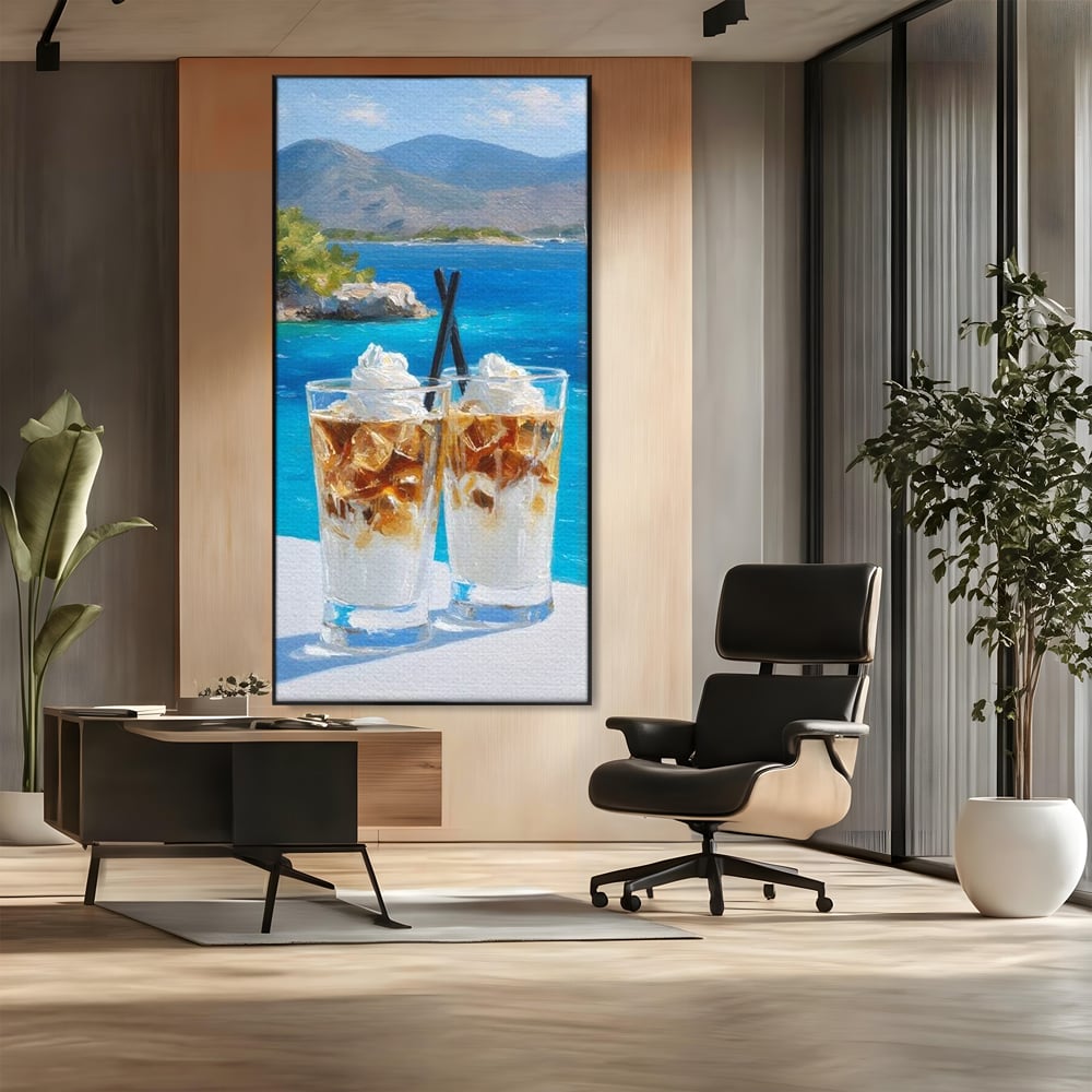 Tablou canvas cu pictura cu doua pahare de frappe pe malul marii, in rama de aluminiu negru, pe perete intr-un birou